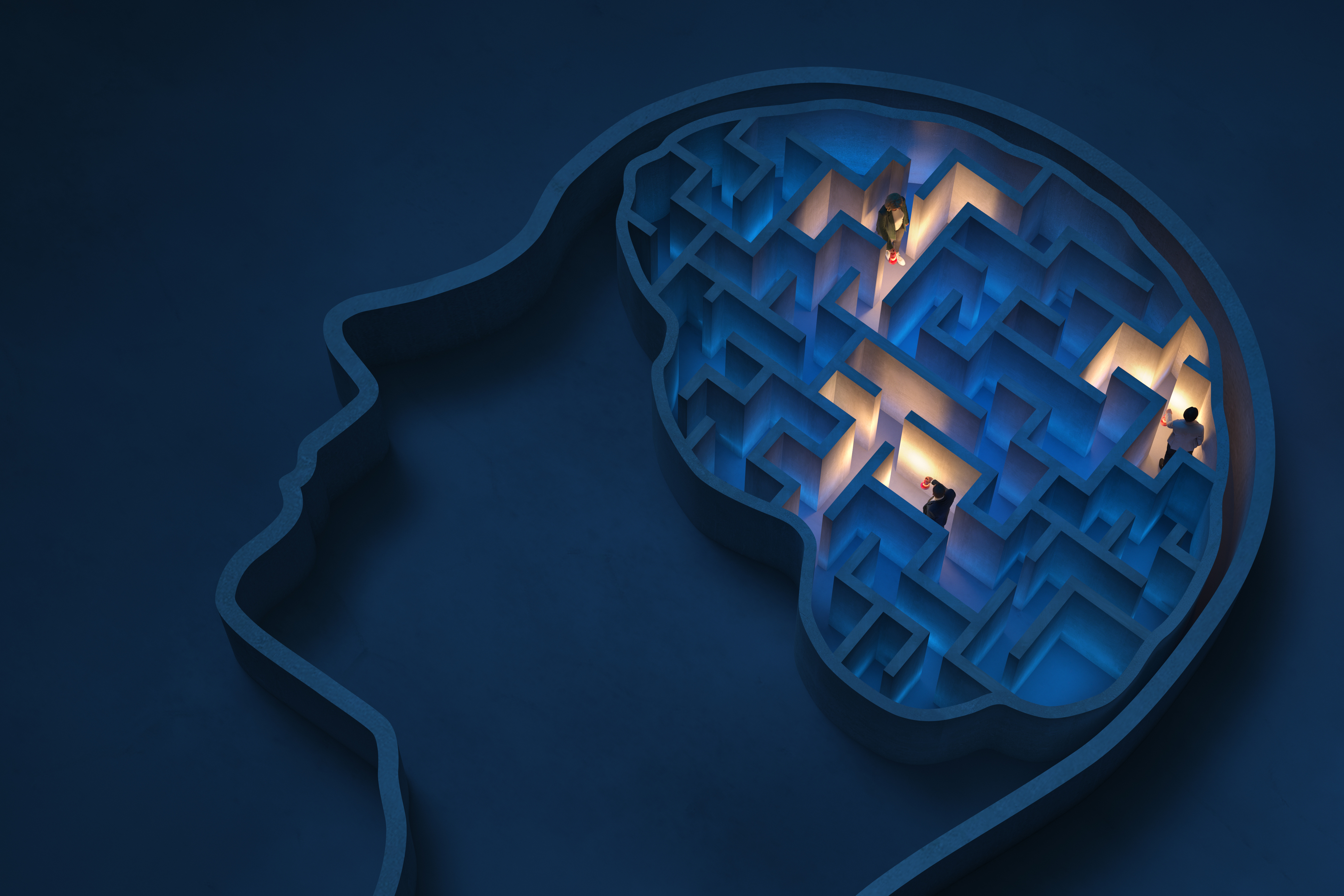 blue visual of the head and brain with illuminated compartments